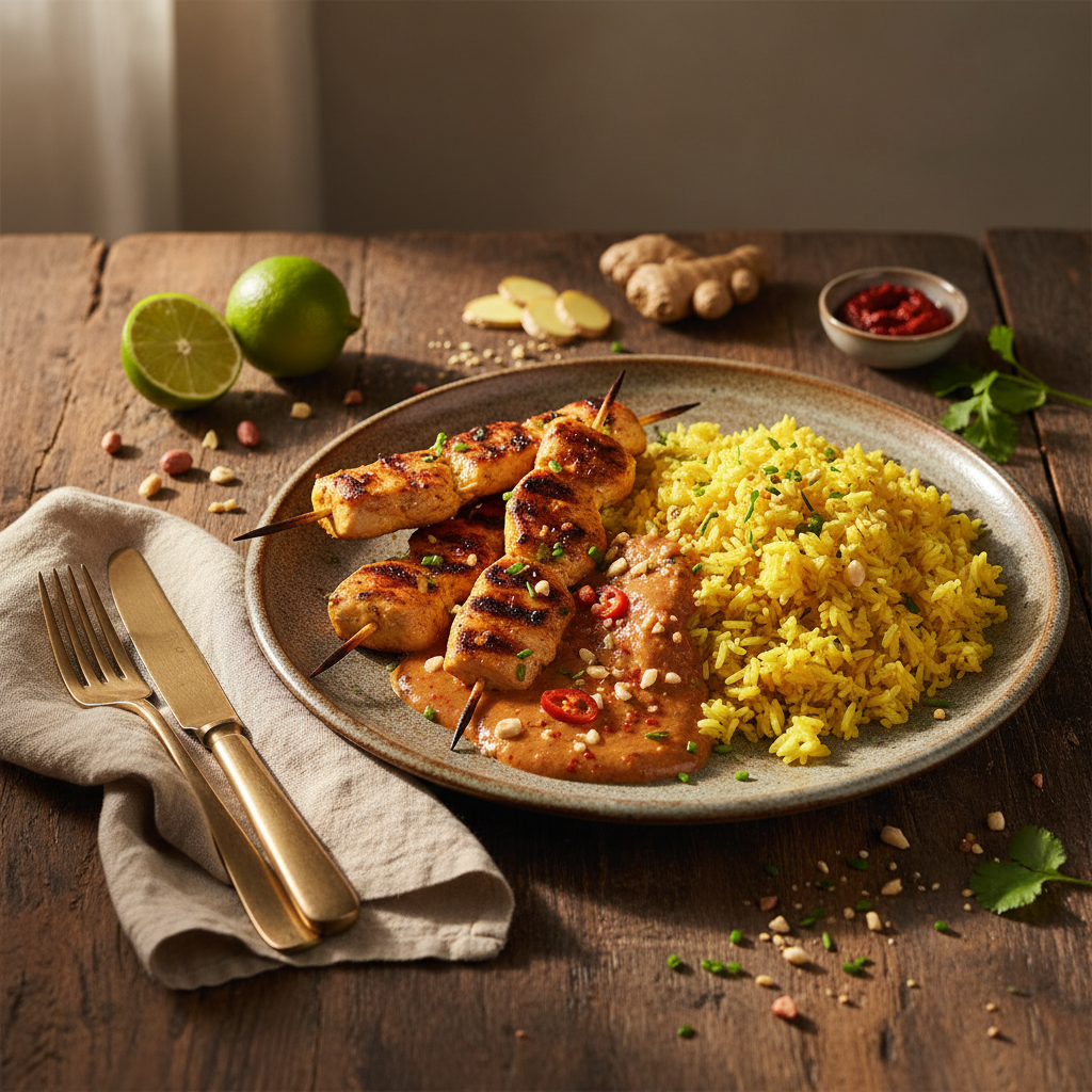 Chicken Satay Skewers with Peanut Sauce and Turmeric Rice