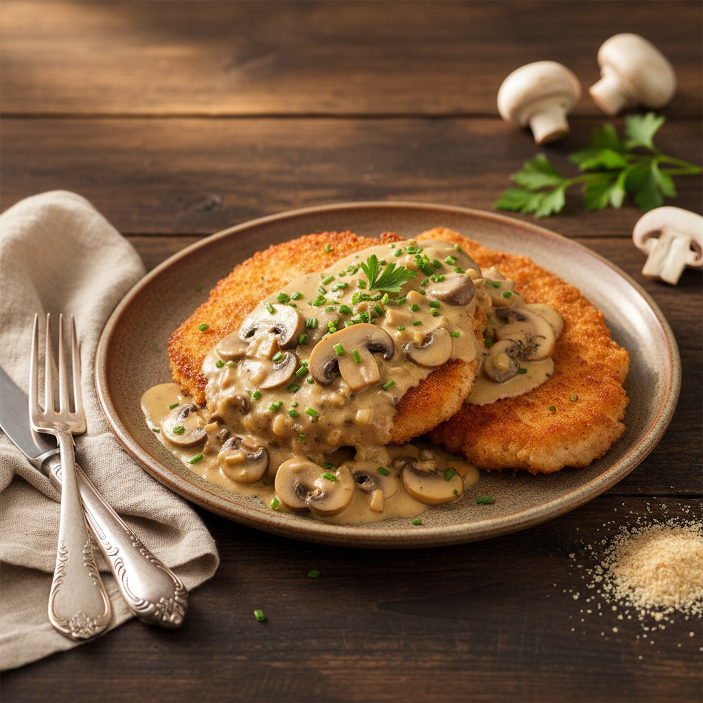 Jägerschnitzel mit Pilzrahmsoße (Hunter's Schnitzel with Creamy Mushroom Sauce)