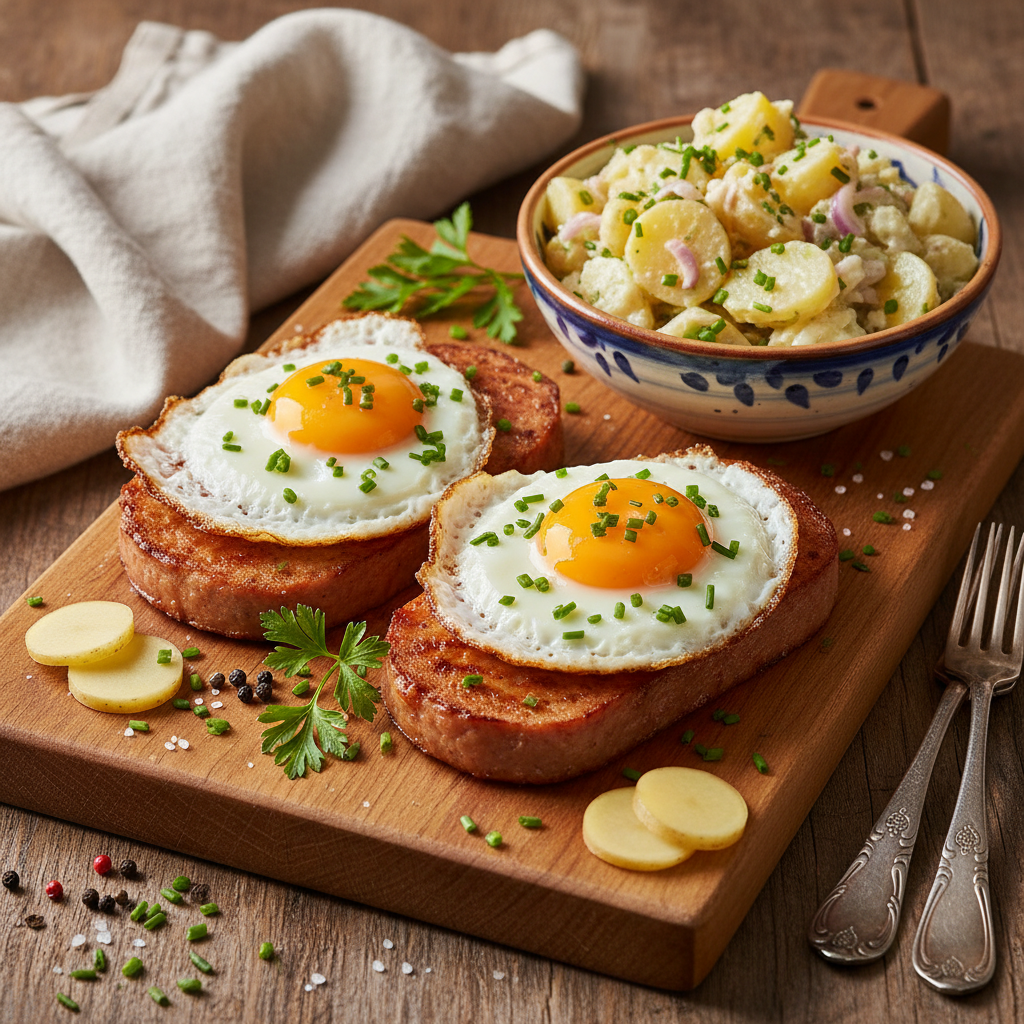 Leberkäse mit Spiegelei und Kartoffelsalat (Meatloaf with Fried Egg and Potato Salad)