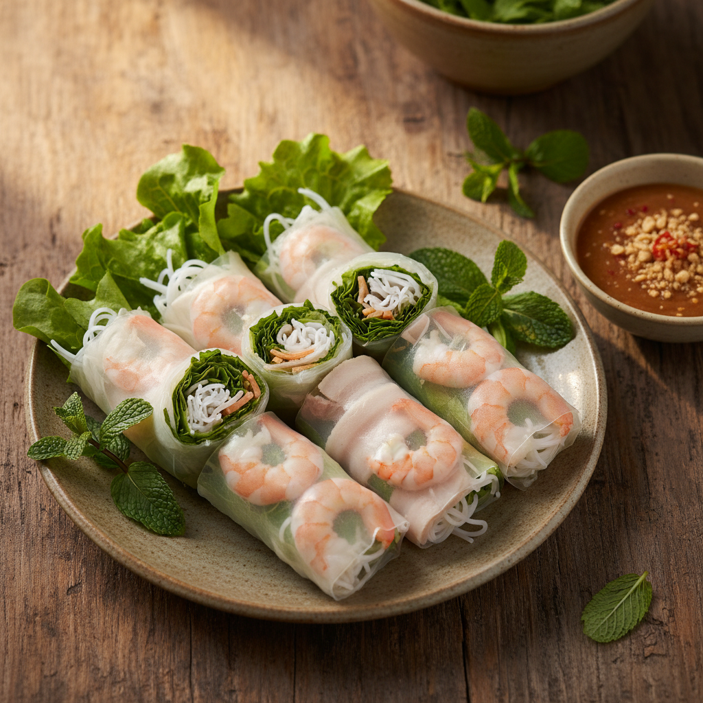 Gỏi Cuốn Tôm Thịt (Vietnamesische frische Frühlingsrollen mit Garnelen und Schweinefleisch)