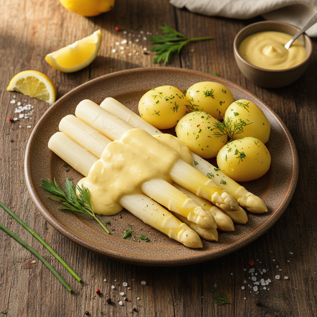 Weißer Spargel mit Sauce Hollandaise und Salzkartoffeln (White Asparagus with Hollandaise Sauce and Boiled Potatoes)