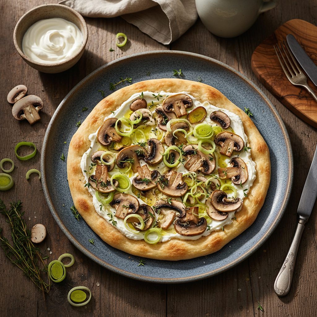 Flammkuchen mit Pilzen und Lauch (Flammkuchen with Mushrooms and Leek)