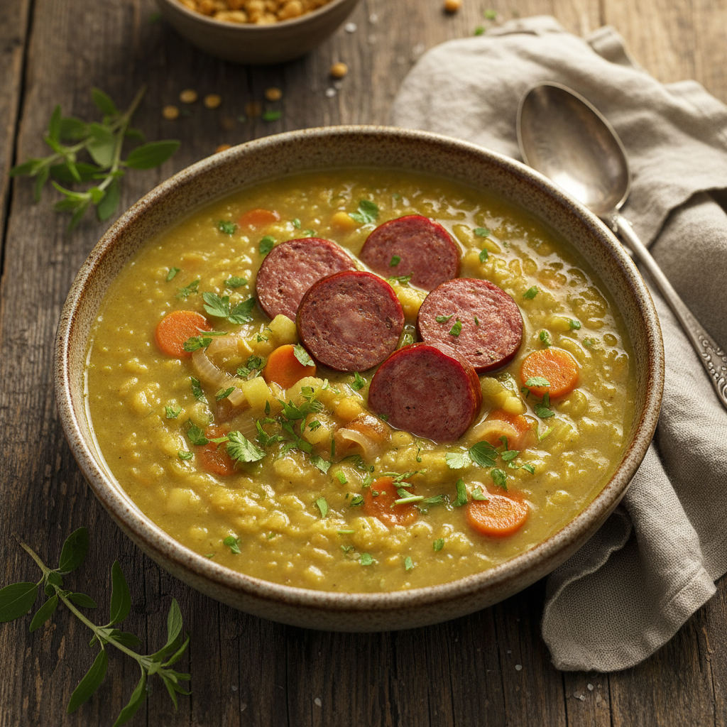 Erbsensuppe mit Mettwurst (Pea Soup with Smoked Sausage)