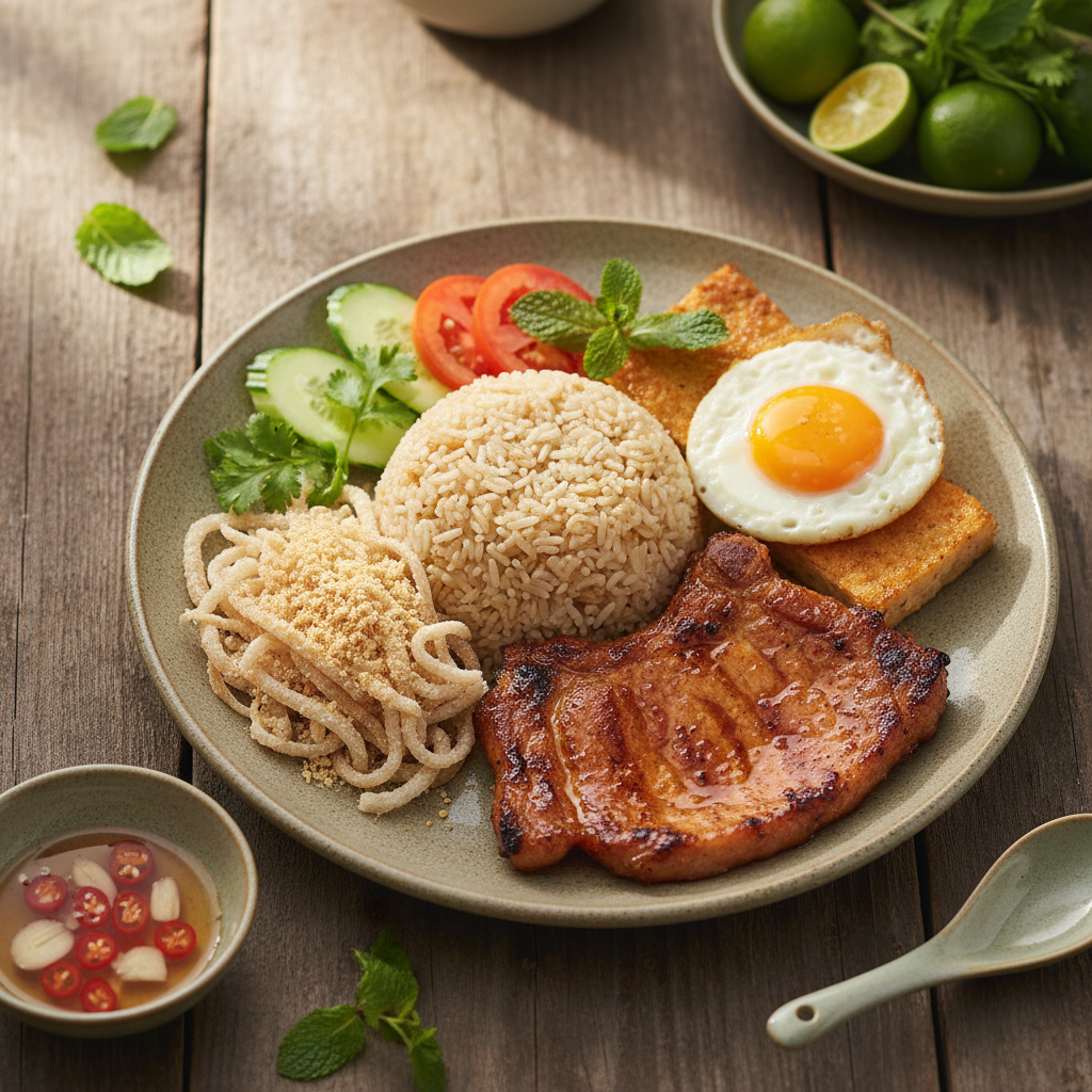 Cơm Tấm Sườn Bì Chả (Vietnamesischer Reis mit gegrilltem Schweinekotelett)