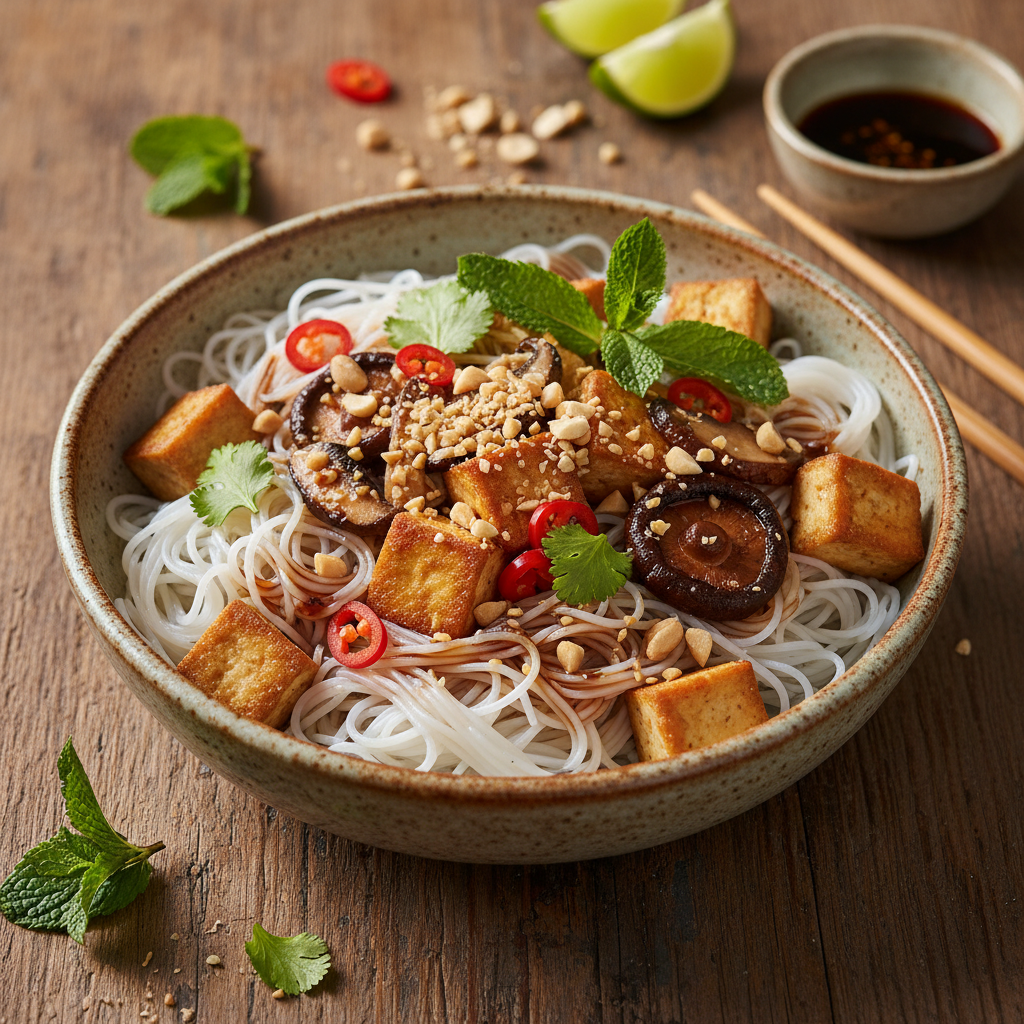 Vegetarische Bún Chay (Vietnamesische vegetarische Reisnudelschale)