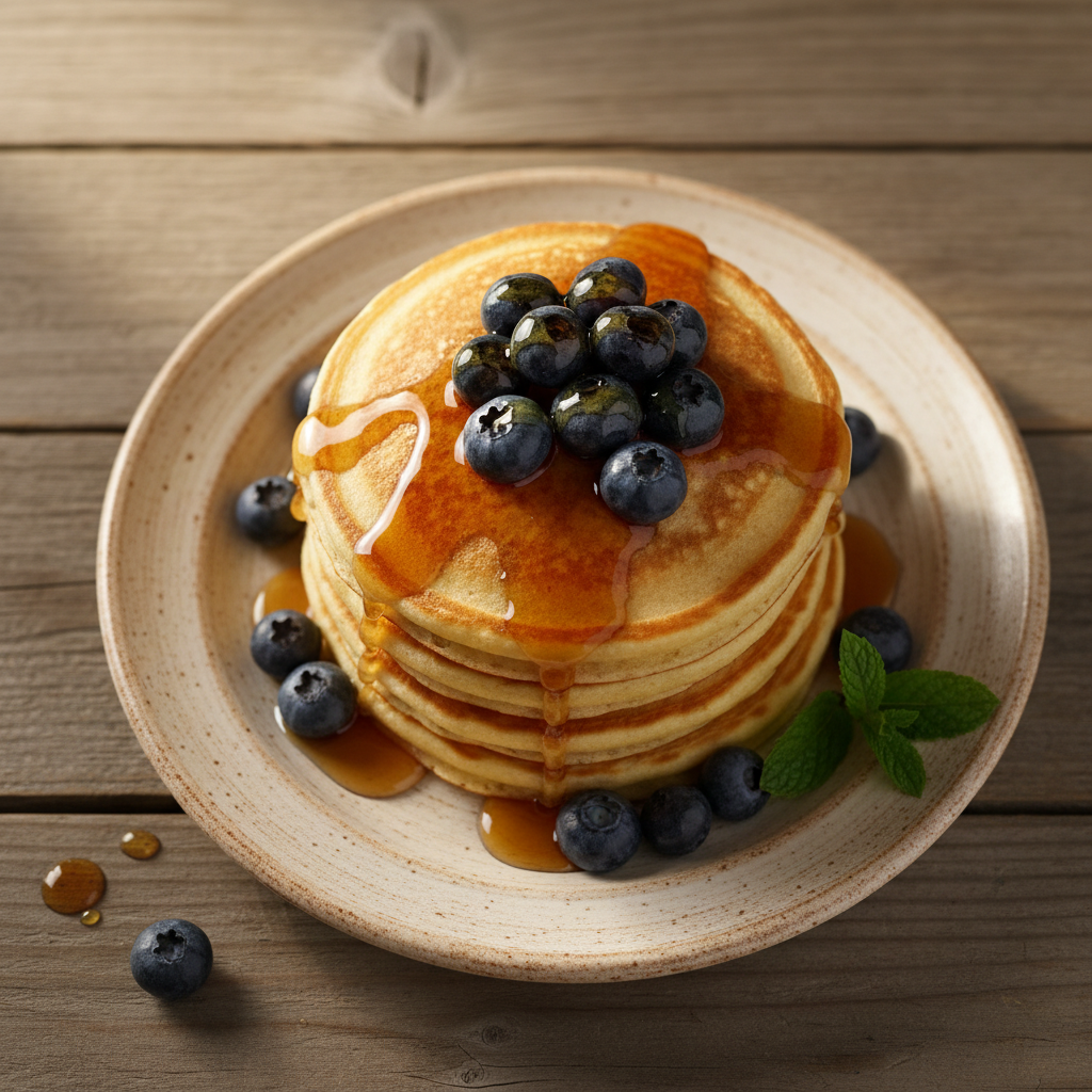 Amerikanische Pancakes mit Ahornsirup und Blaubeeren (American Pancakes with Maple Syrup and Blueberries)