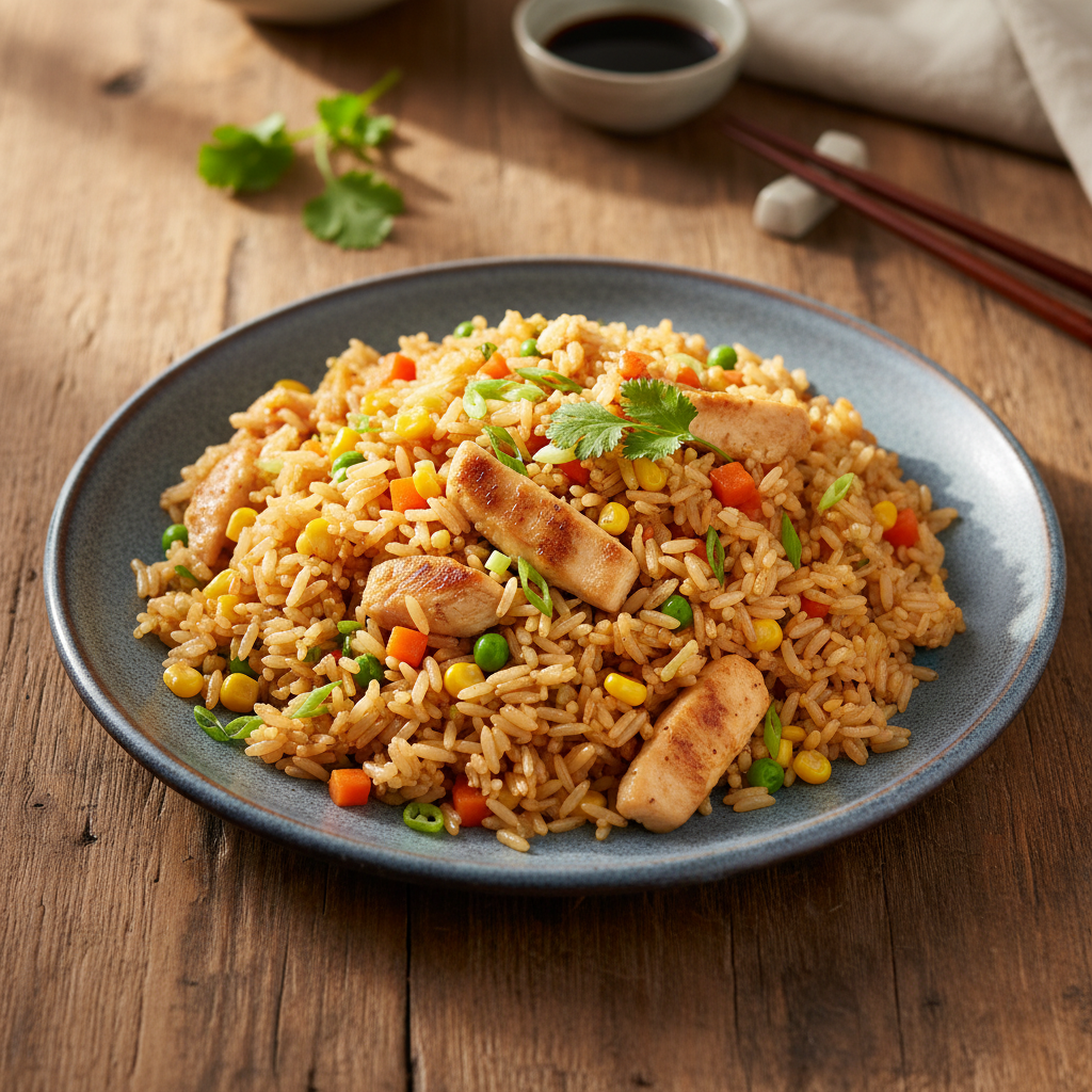 Gebratener Reis mit Huhn (Chinesischer gebratener Reis mit Huhn)