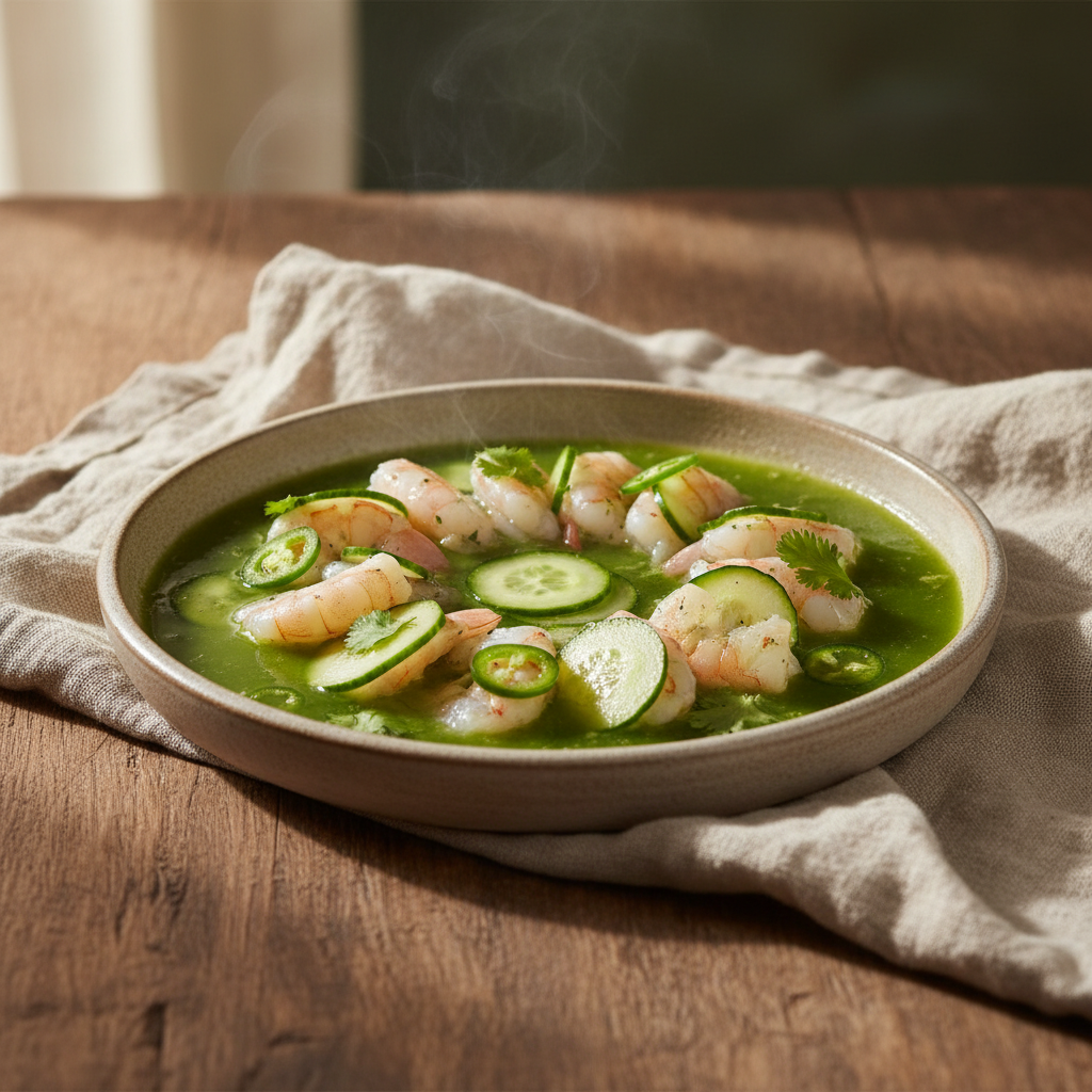 Aguachile Verde — Sinaloan shrimp in serrano-cucumber-lime water