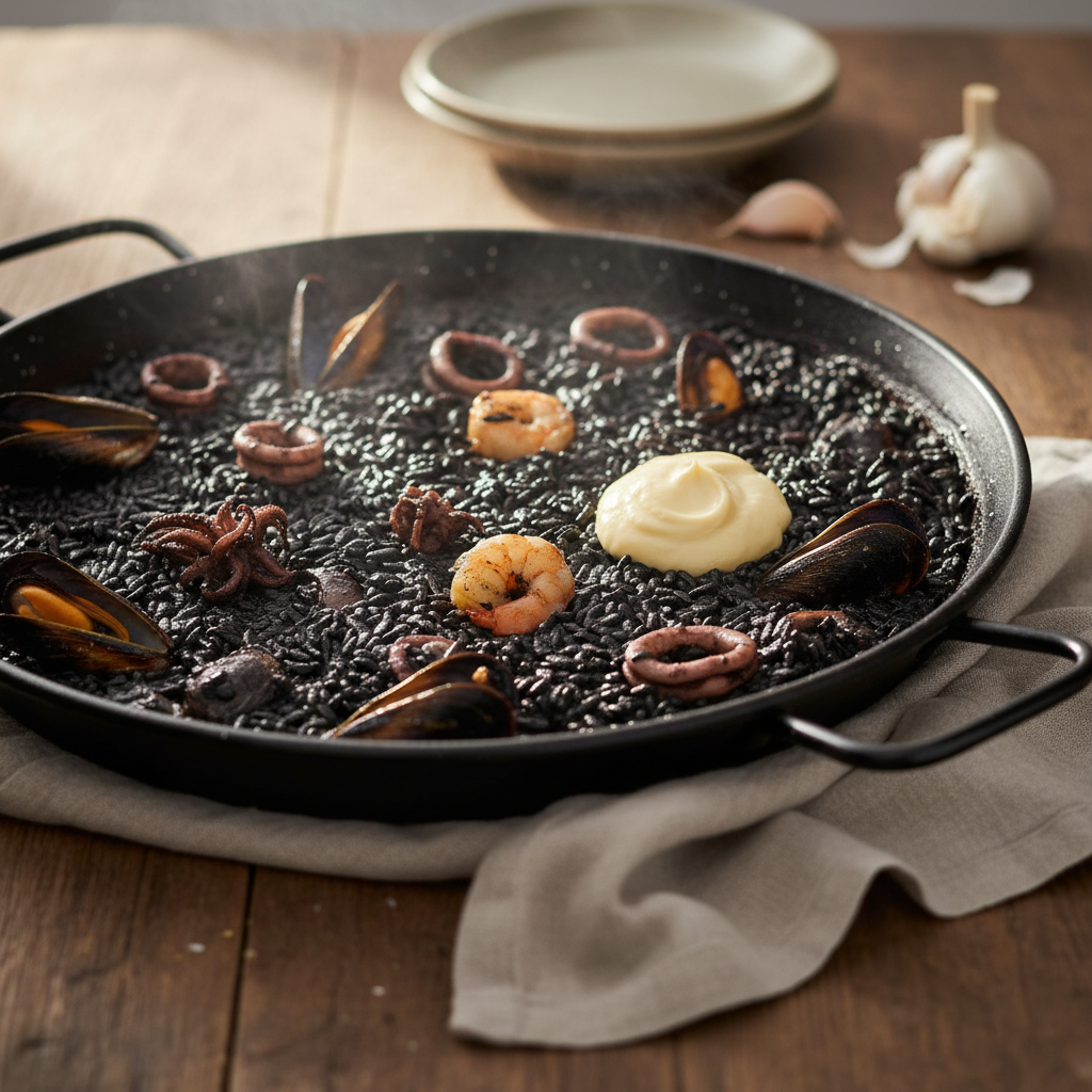 Arroz Negro — Spanish Squid-Ink Rice with Garlic Aioli