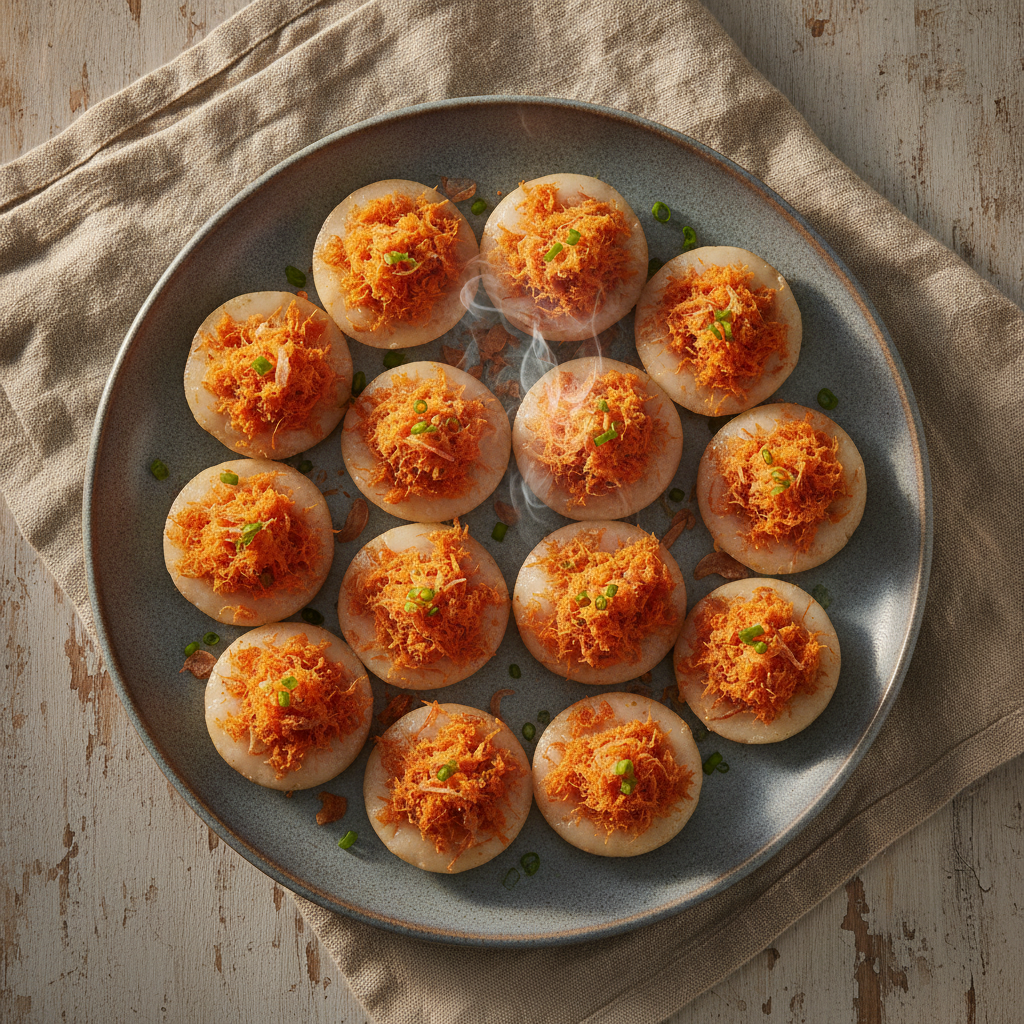 Steamed Savory Rice Cakes with Shrimp Floss