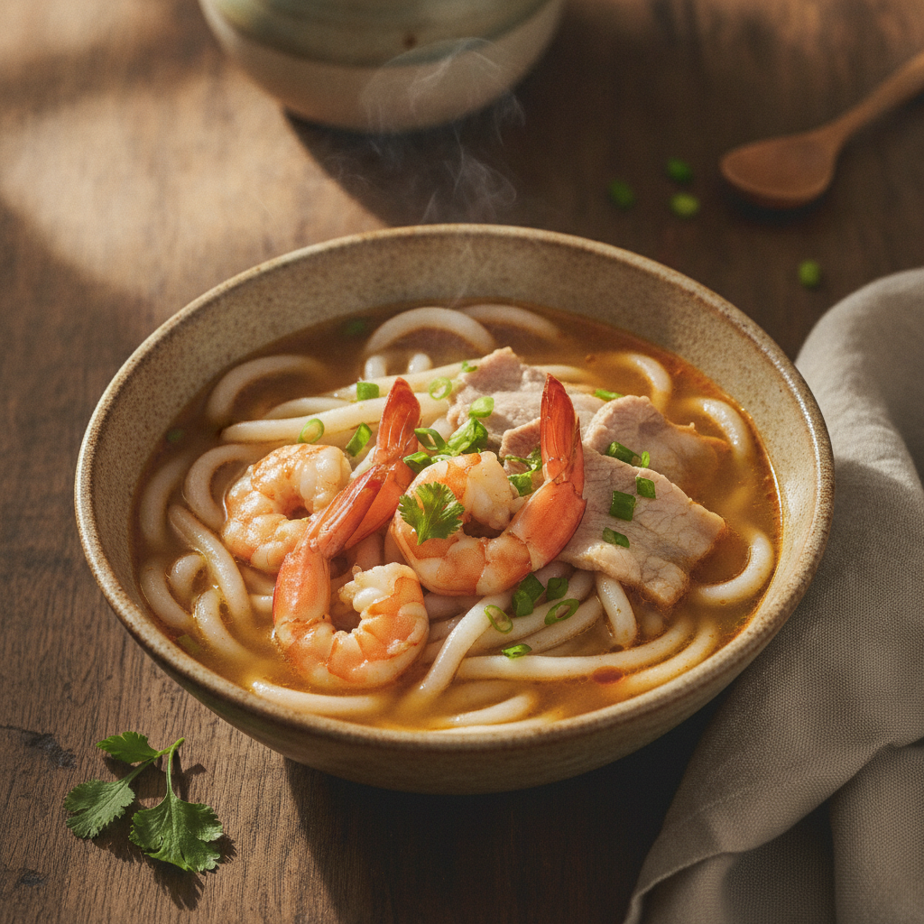 Thick Tapioca Noodle Soup with Shrimp and Pork