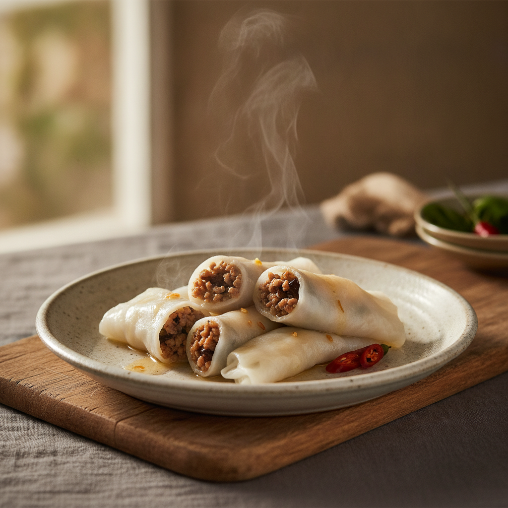 Delicate Steamed Rice Rolls with Minced Pork and Mushrooms
