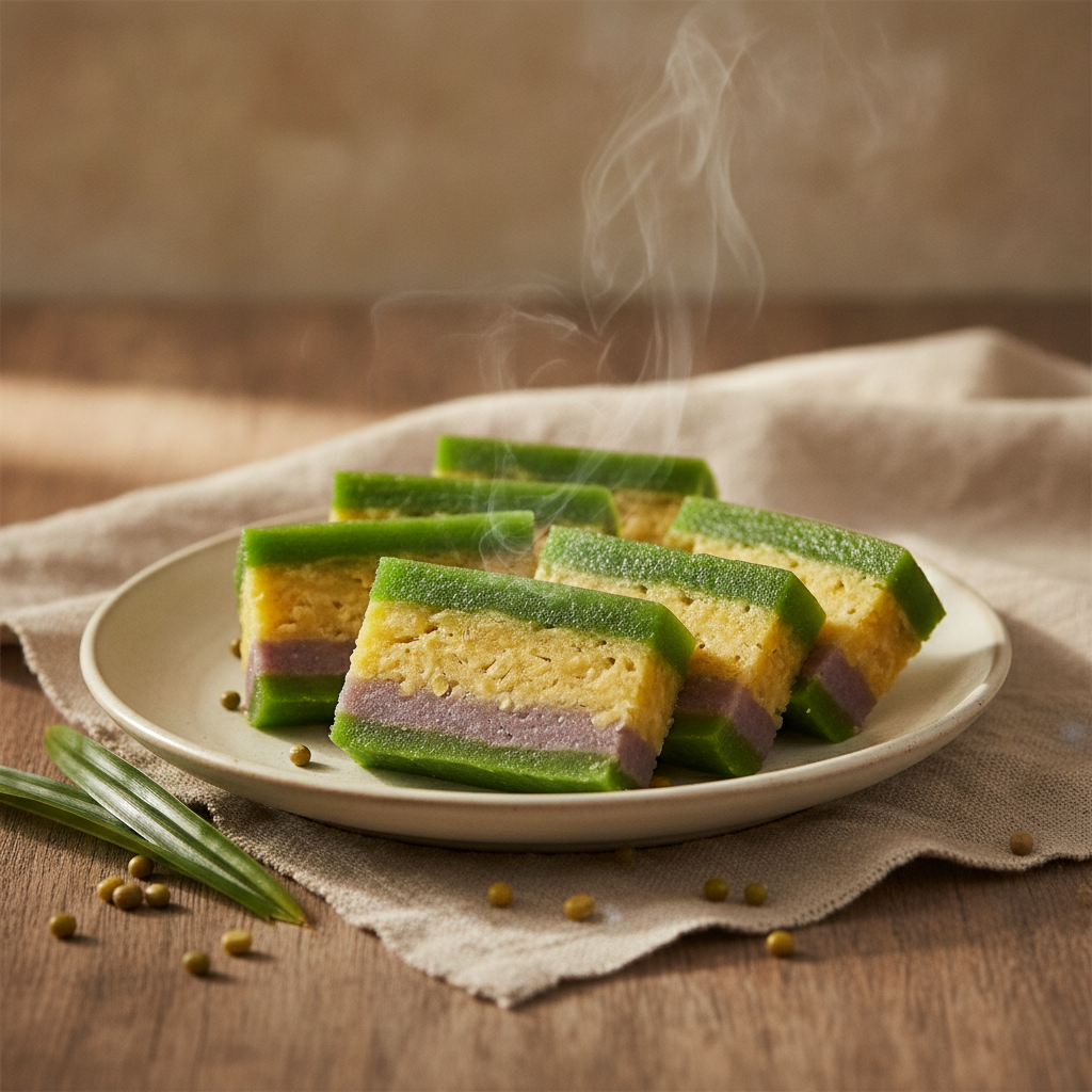 Steamed Layer Cake with Pandan and Mung Bean
