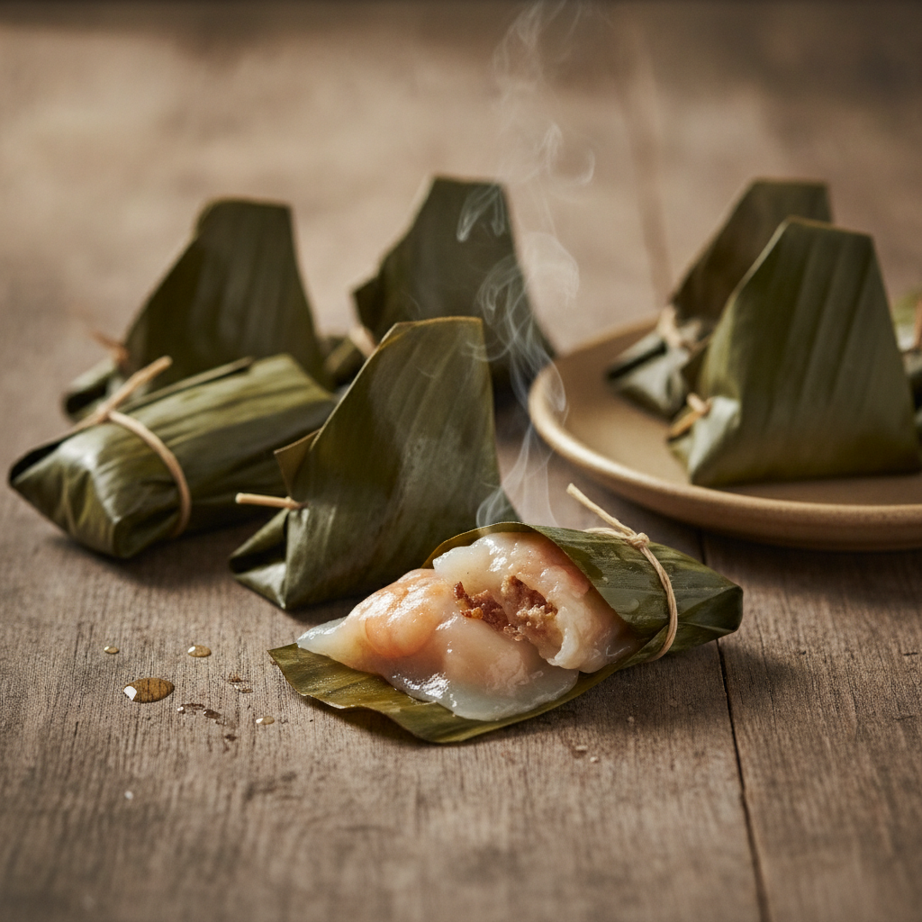 Steamed Tapioca Dumplings Wrapped in Banana Leaves