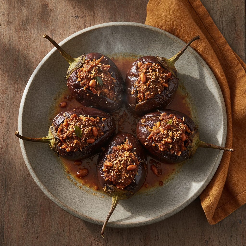 Bharli Vangi: Maharashtrian Stuffed Baby Eggplant with Peanut-Coconut Masala