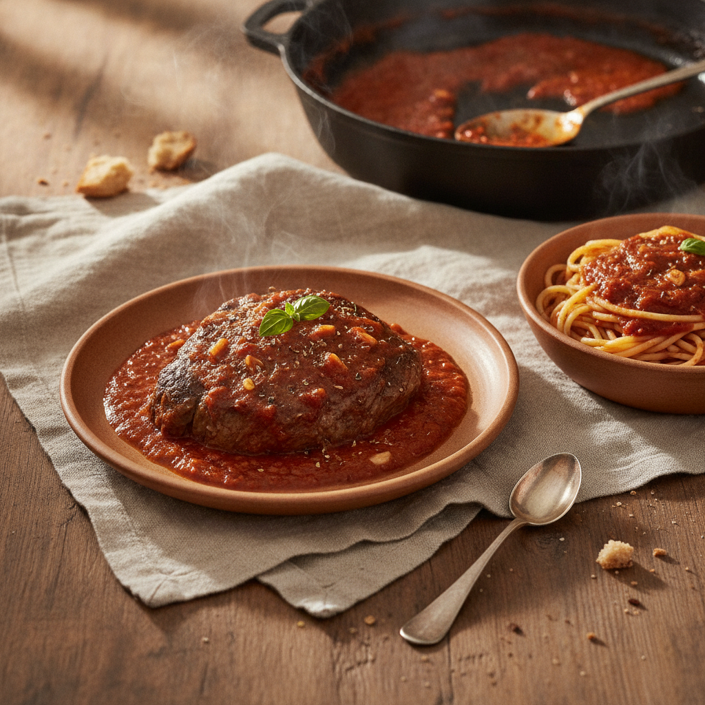 Steak Pizzaiola — Cheap Cut, Slow Braise, Two Courses from One Pan