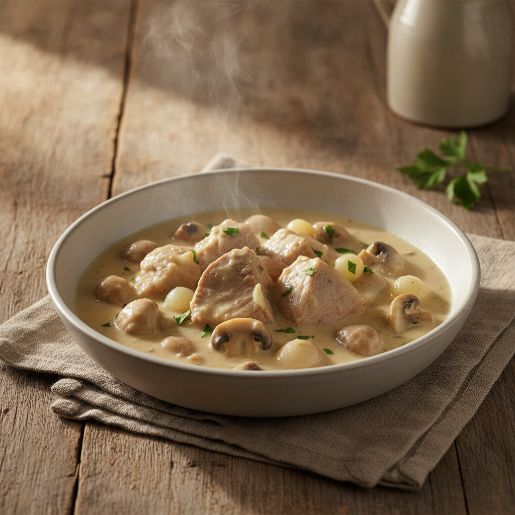 Classic French creamy veal stew with mushrooms