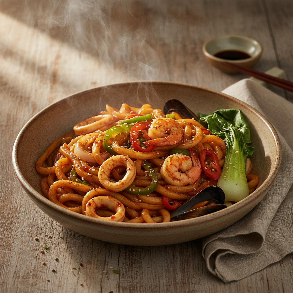 Spicy Stir-fried Udon Noodles with Seafood