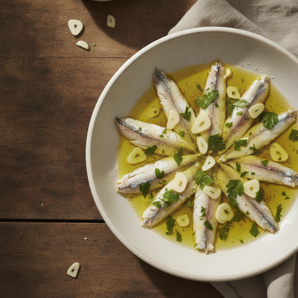 Boquerones en Vinagre — Spanish White Anchovies, Acid-Cured, Garlic-Parsley Finished
