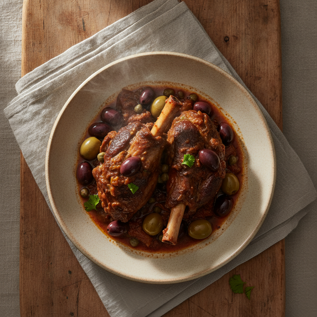 Slow-Braised Lamb Shanks with Sicilian Olives and Capers