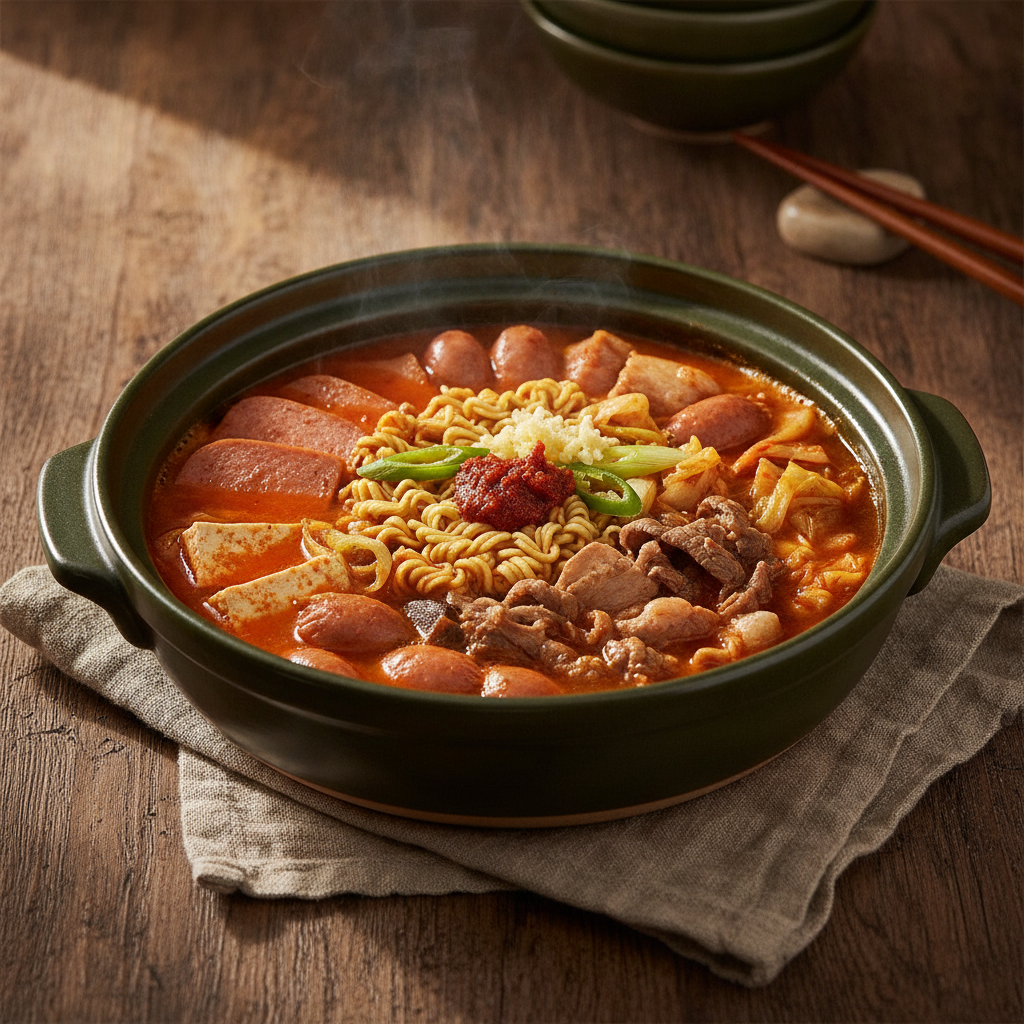 Spicy Army Stew with Ramen Noodles and Assorted Meats