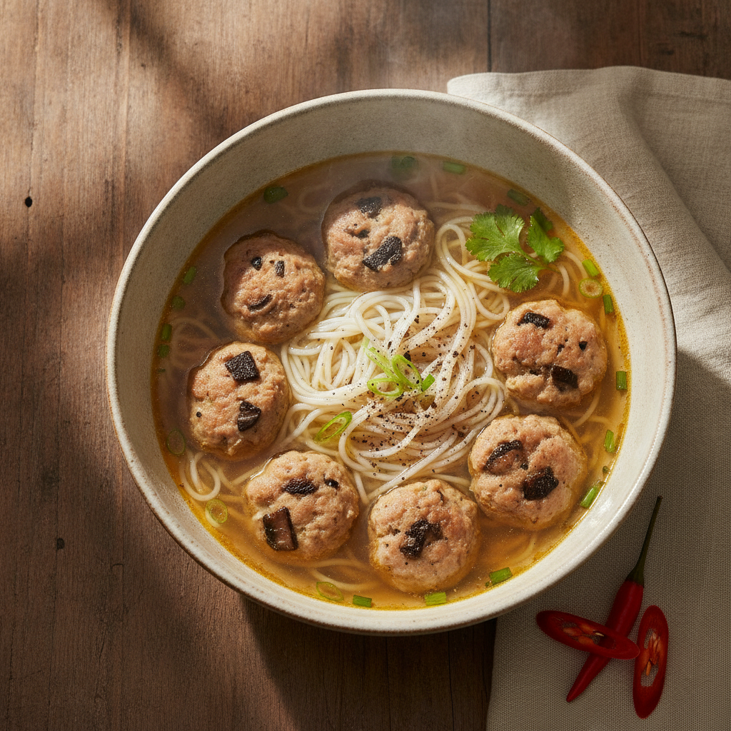 Pork Patties and Mushroom Vermicelli Noodle Soup