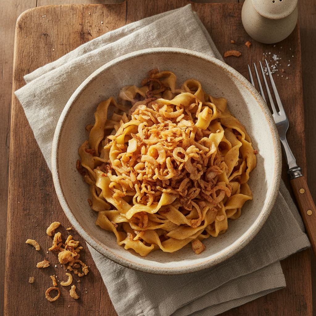 Buttered Egg Noodles with Crispy Fried Onions