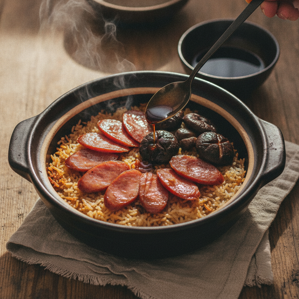 Bo Zai Fan: Cantonese Clay Pot Rice with Lap Cheong and Mushrooms