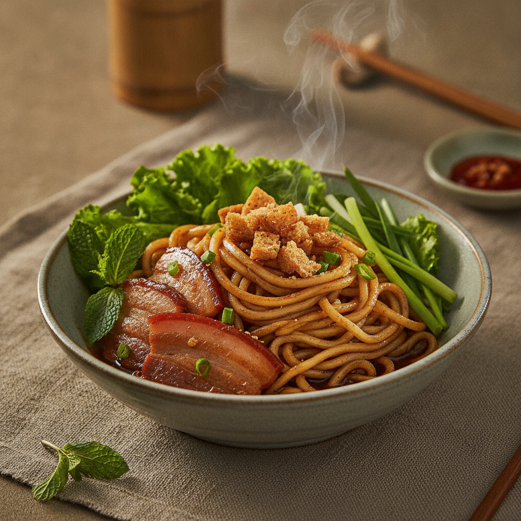 Unique Hoi An thick noodle dish with pork and greens