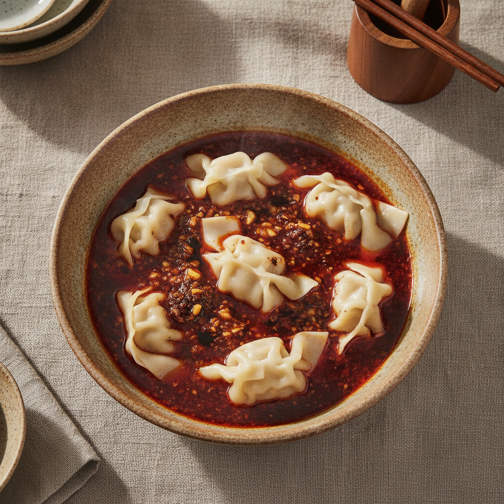 Chengdu Hong You Chao Shou: Red Oil Wontons with Spicy Sesame Sauce