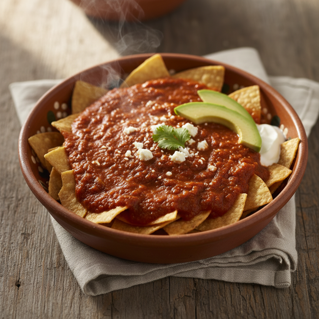 Chilaquiles Rojos — Fried tortilla chips in red chile salsa
