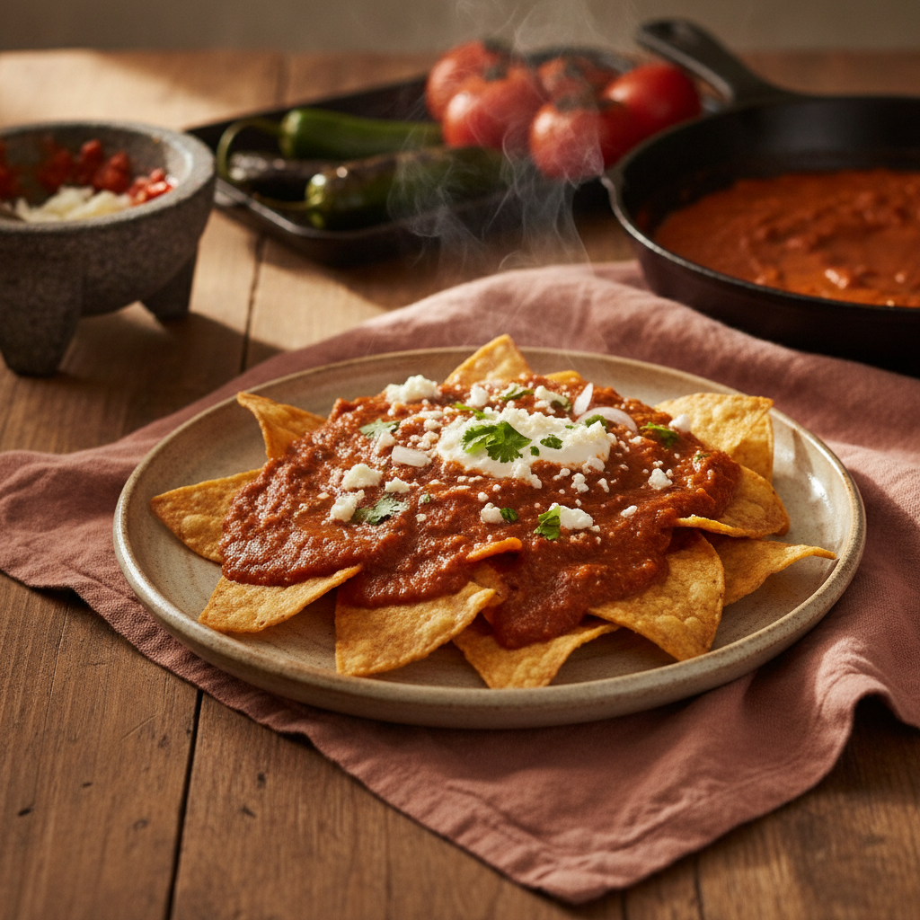 Chilaquiles Rojos — Guajillo-Chipotle Red Salsa, Crisp Tortillas, the Simmering Technique