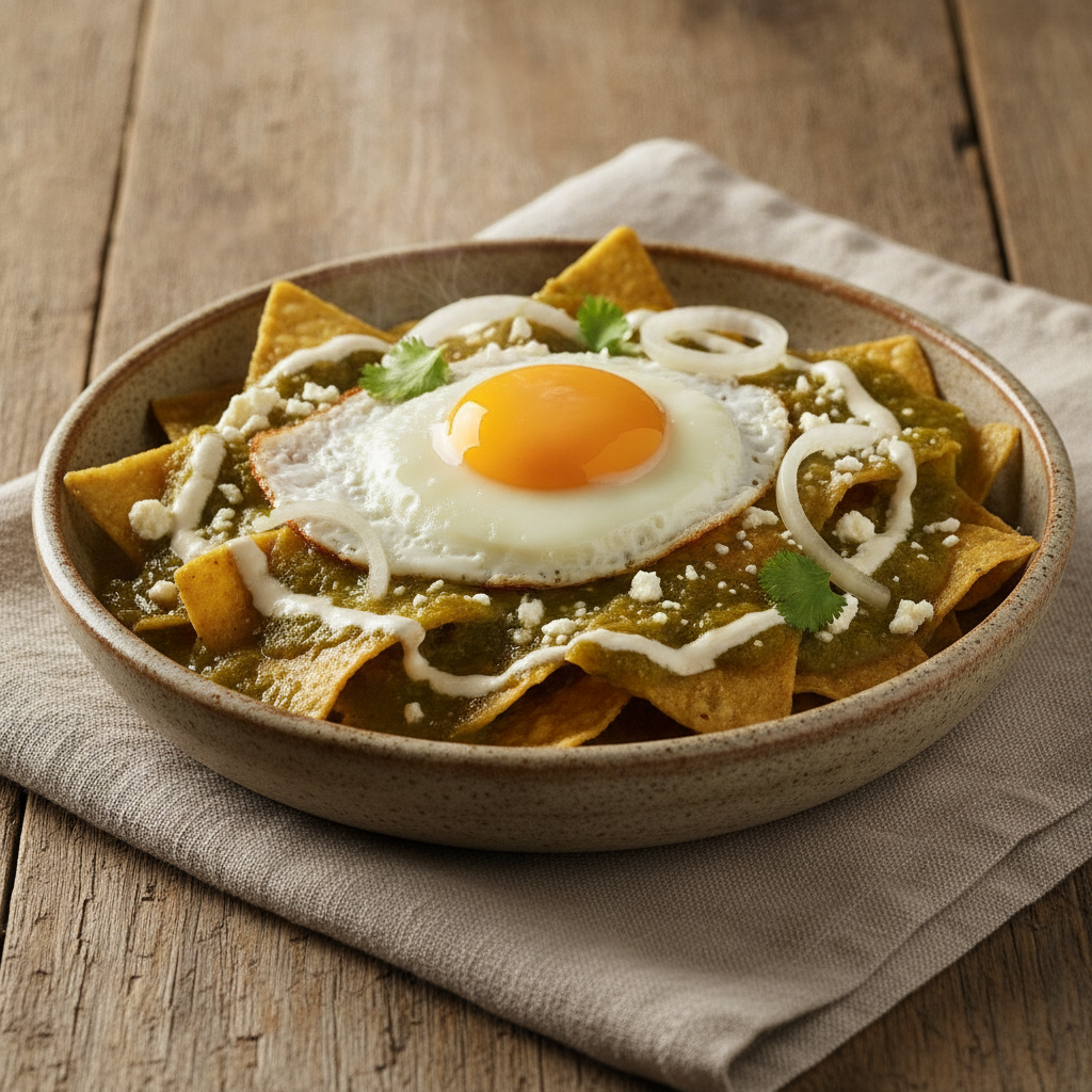 Chilaquiles Verdes: Salsa Verde, Fried Tortillas, and the Egg on Top