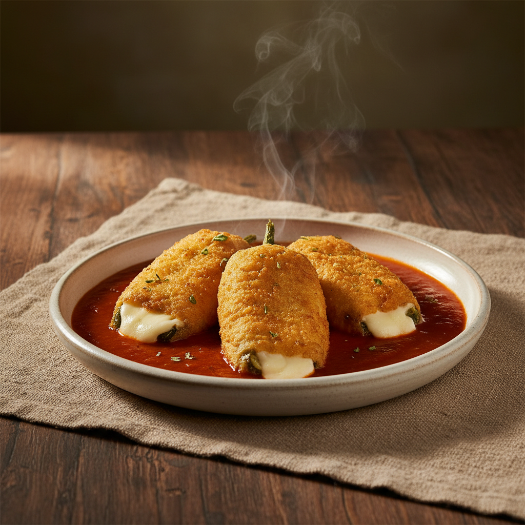 Chiles Rellenos — Battered poblano with cheese, in tomato sauce