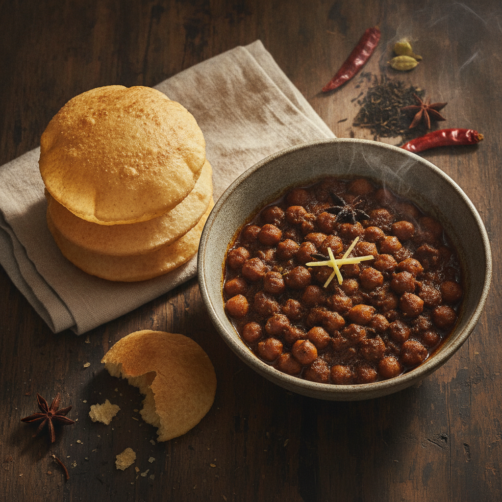 Chole Puri — Dark, Tangy Chickpea Curry and the Bread That Puffs on Cue
