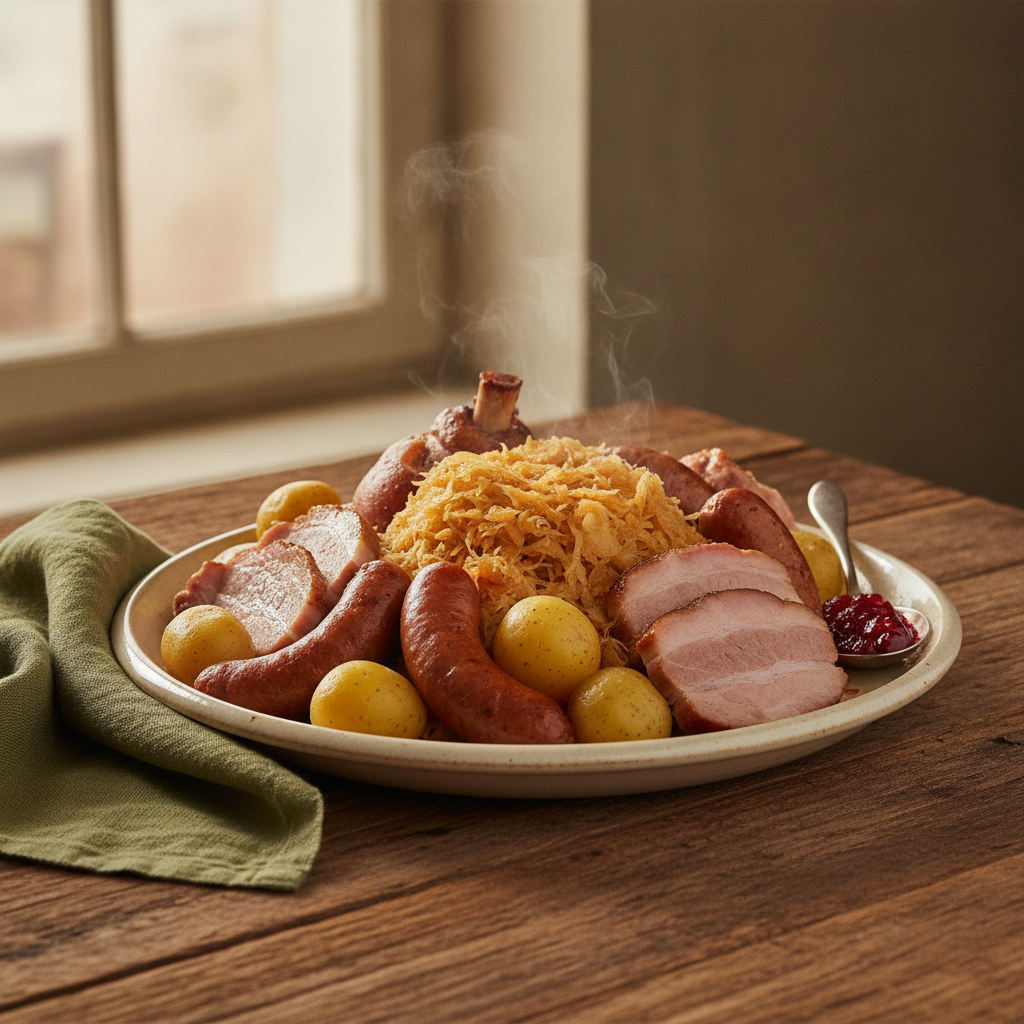 Traditional Alsatian sauerkraut platter with various meats
