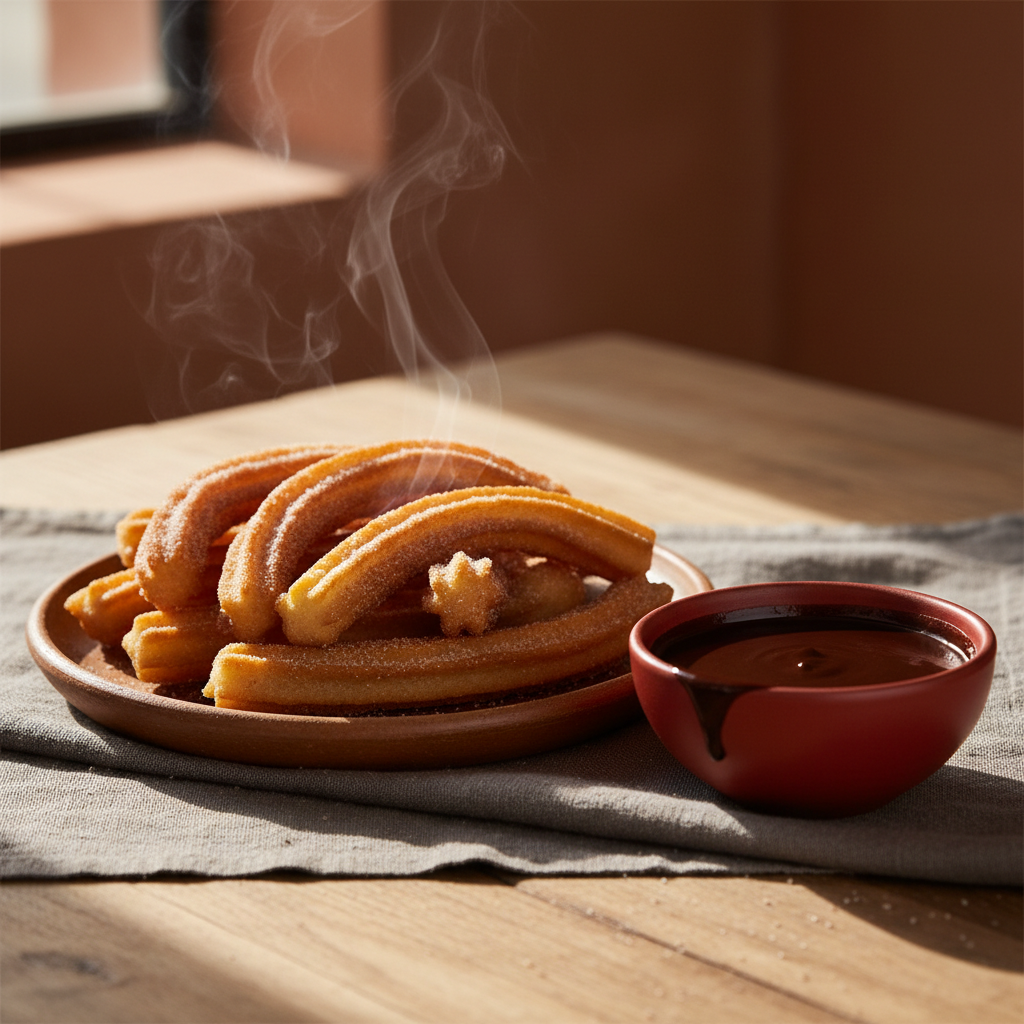Churros con Chocolate — Fried dough with dark chocolate dipping sauce