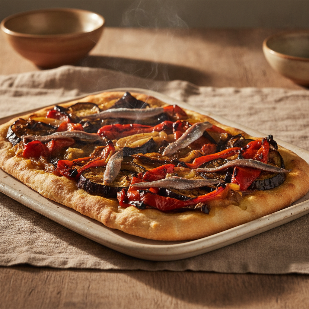 Coca de Recapte — Catalan Flatbread with Charred Vegetables and Anchovies