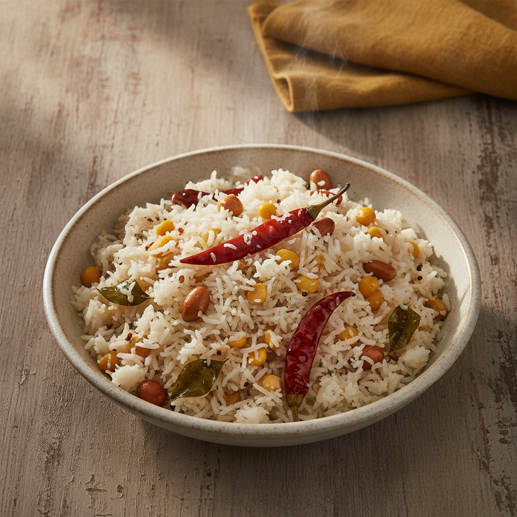 South Indian Coconut Rice — Curry Leaf Tempered with Fresh Grated Coconut