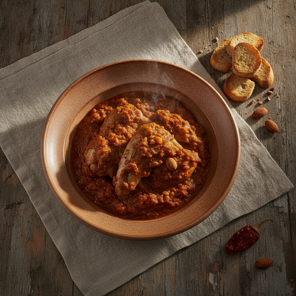 Conill amb Romesco — Catalan Braised Rabbit with Nut and Pepper Sauce