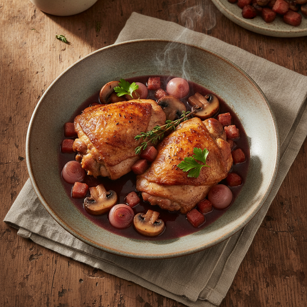 Classic French Chicken Braised in Red Wine
