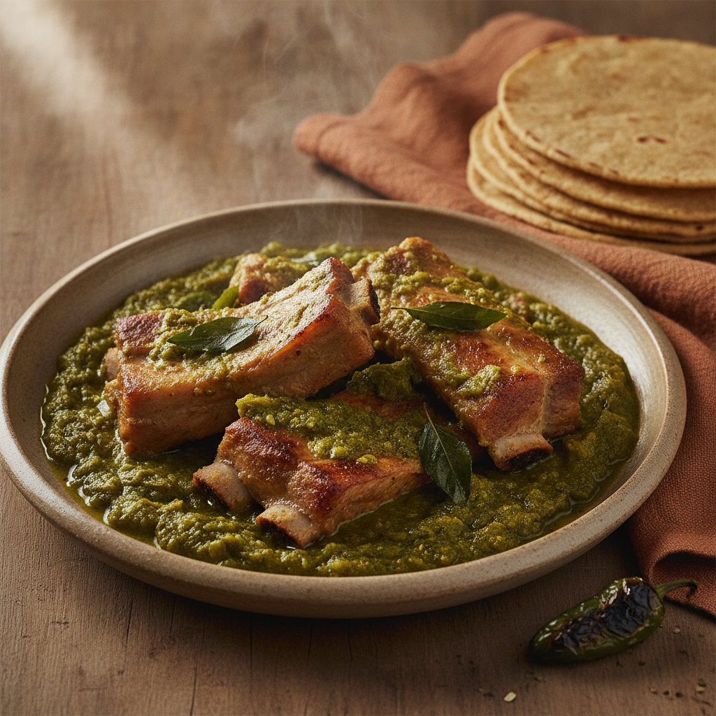 Costillas en Salsa Verde: Pork Ribs Braised in Charred Tomatillo Sauce