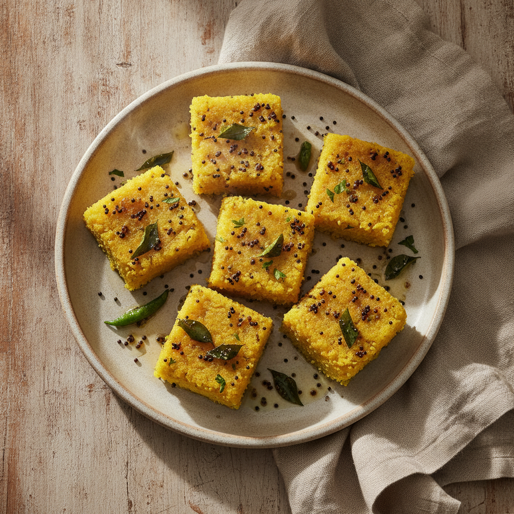 Dhokla: Gujarati Steamed Chickpea Cake with Mustard and Asafoetida Tempering
