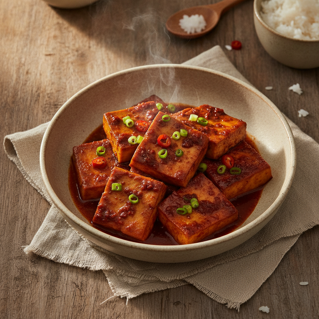 Spicy Braised Tofu with Soy Sauce and Chili Flakes