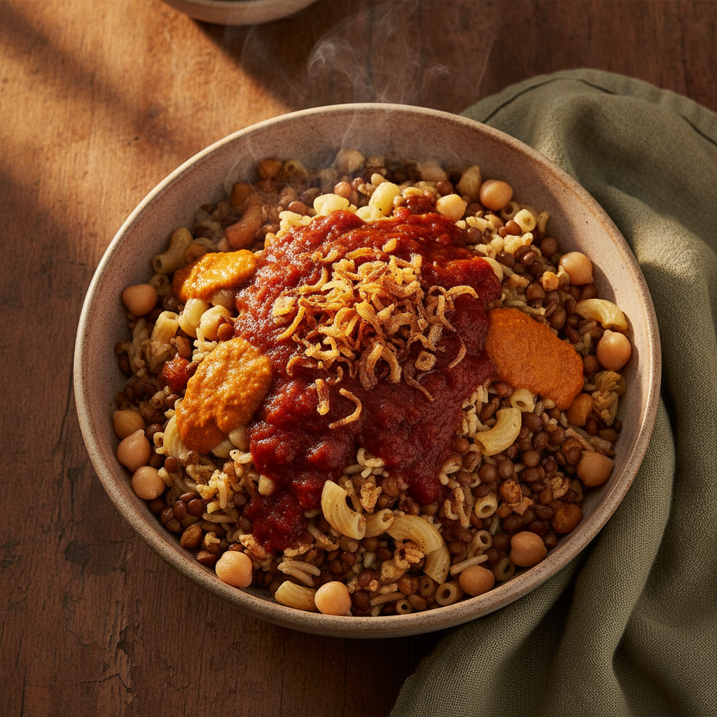 Hearty Egyptian Koshary: Rice, Pasta, Lentils, and Chickpeas