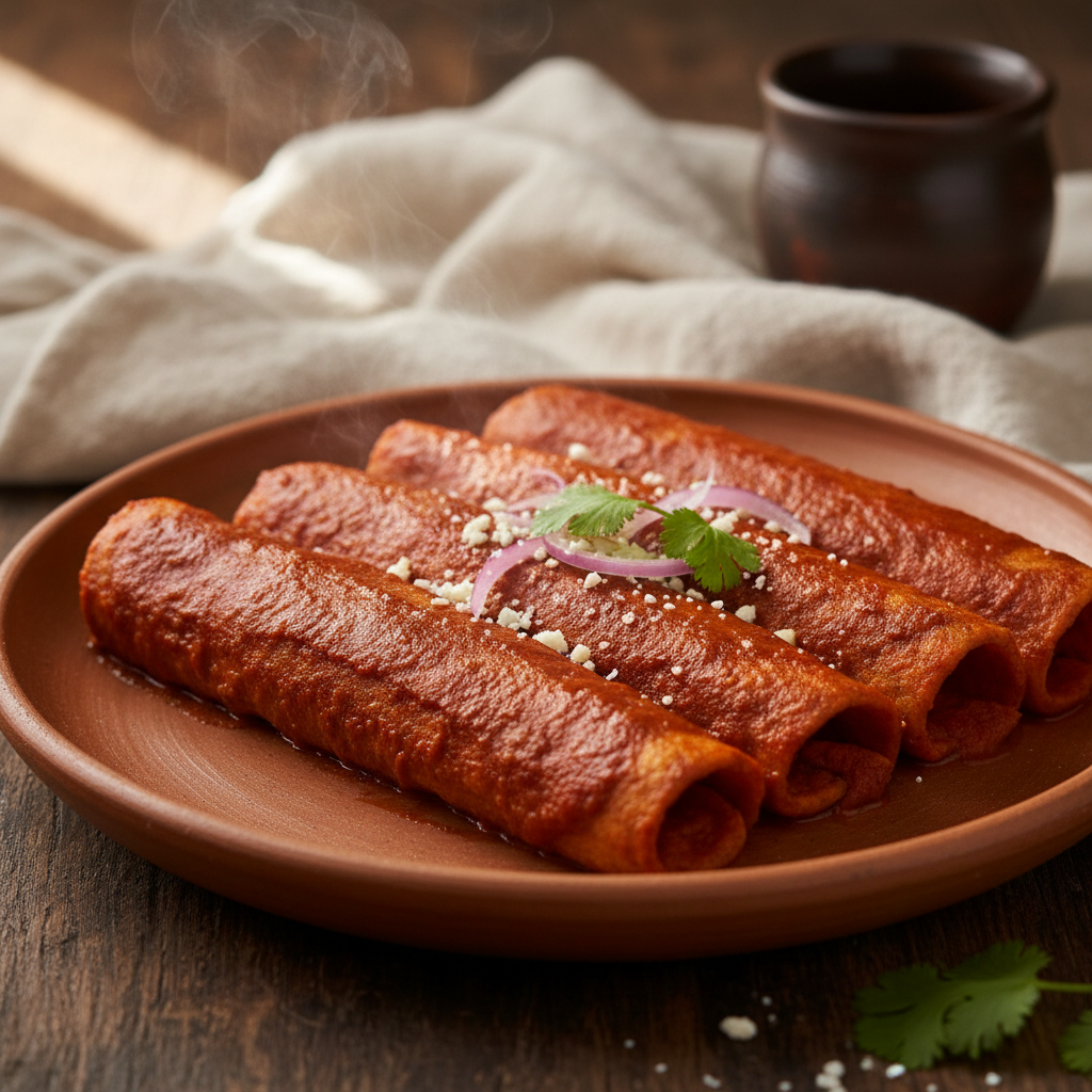 Enchiladas Rojas — Guajillo-mulato red chile, beef or chicken