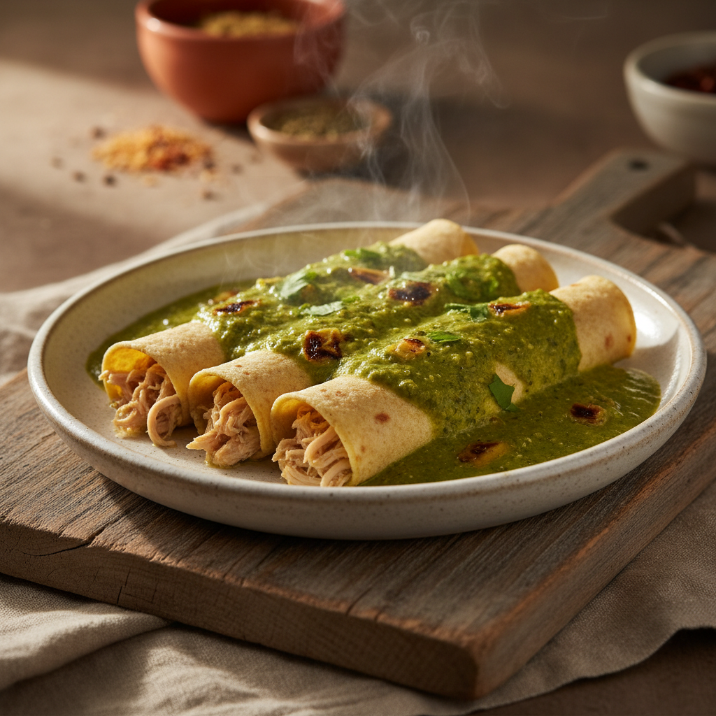 Enchiladas Verdes — Tomatillo salsa, shredded chicken