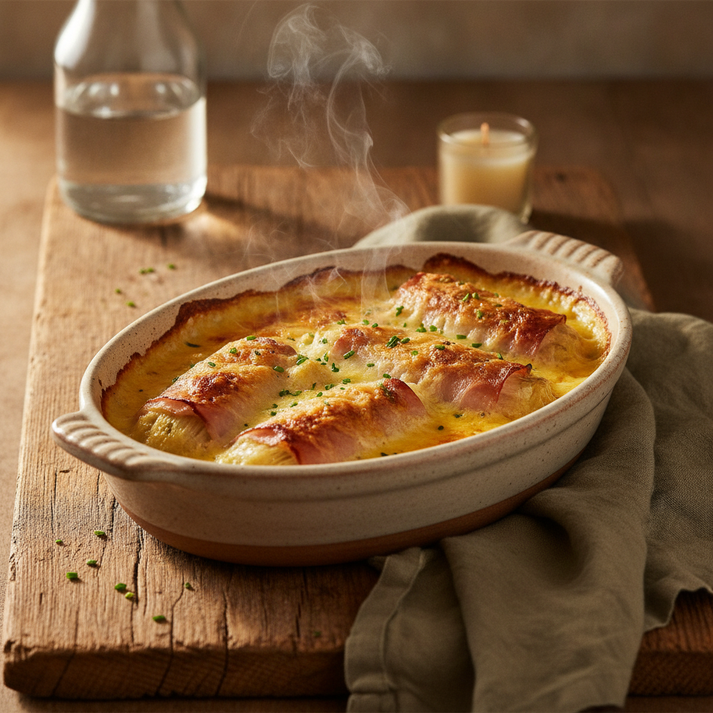 Endives au Jambon: Chicory wrapped ham gratin with Béchamel sauce