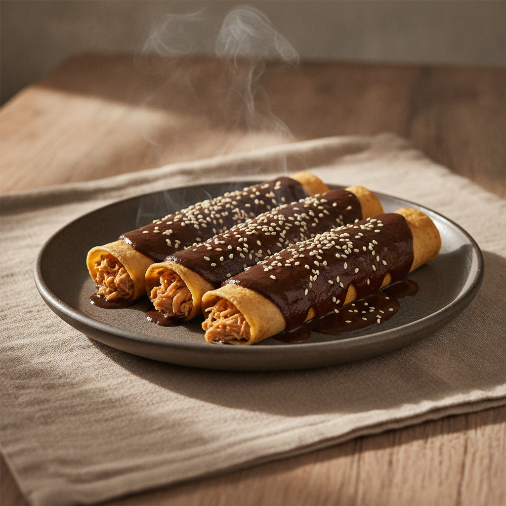 Enmoladas: Corn Tortillas Smothered in Mole, Finished with Sesame