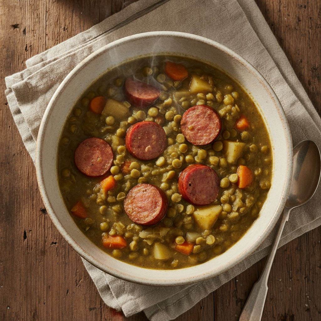 Hearty German Pea Stew with Pork Sausage
